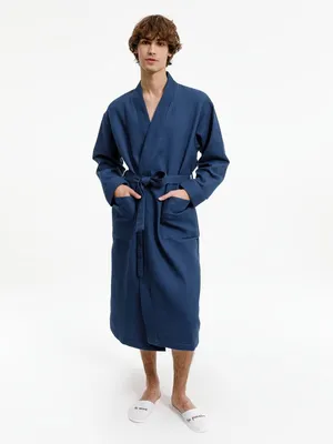 Халат вафельный Kimono, темно-синий — фото 7