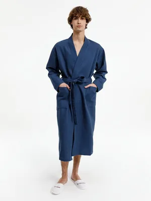 Халат вафельный Kimono, темно-синий — фото 8